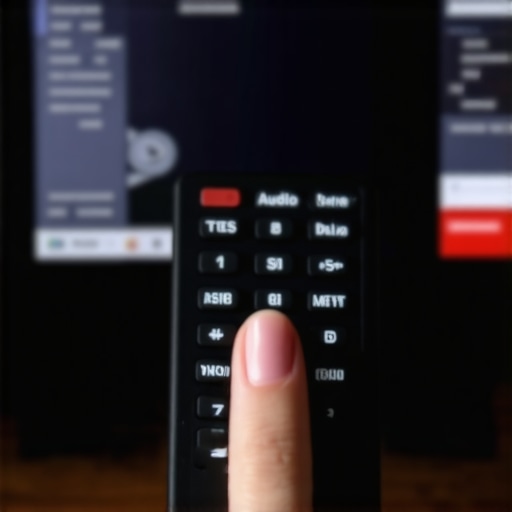 Close-up of a hand using a remote to navigate the audio sync settings on a smart TV to fix lip-sync issues.