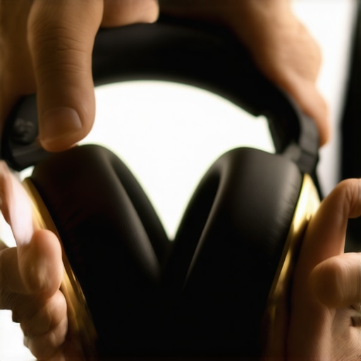 Adjusting Headphone Headband Tension Close-up of hands adjusting the headband of high-end headphones to show proper fit and tension.