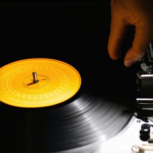 A close-up of a turntable strobe platter and pitch control adjustment showing how to stabilize speed.