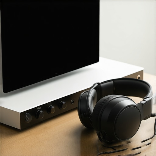 Advanced Audio DAC and Headphones Setup High-end digital-to-analog converter and studio headphones on a desk.