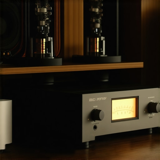 High-end audio system with a glowing tube amplifier and premium wiring.