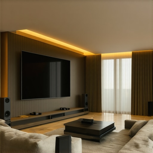 A high-end home theater setup demonstrating the importance of speaker positioning and room layout for optimal sound quality.
