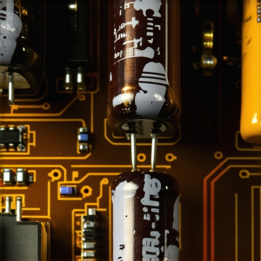 Close-up of large power supply capacitors inside a classic 1970s stereo receiver.