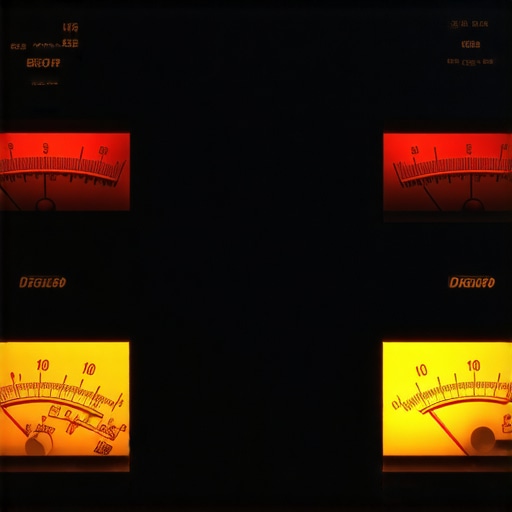 Amplifier VU meters showing peak power levels A high-fidelity amplifier with glowing meters indicating audio power delivery.