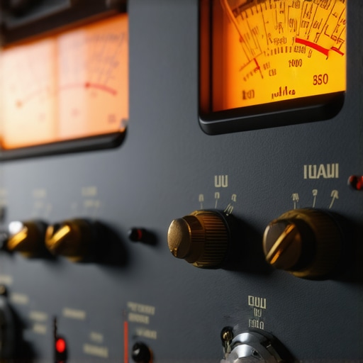 Close-up of glowing VU meters on a high-end audio amplifier indicating power headroom.