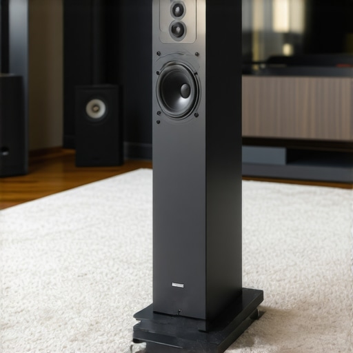 A center channel speaker on a stand tilted toward ear level to improve dialogue clarity in a home theater.