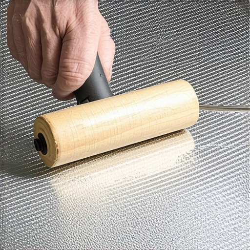 A person applying mass-loading sound deadener to a car door using a wooden roller for maximum adhesion.