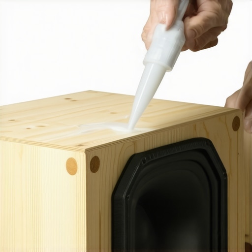 Applying Marine Sealant to Speaker Joints Close-up of sealing a DIY speaker cabinet with marine silicone to prevent moisture ingress.