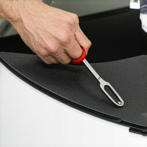 Close-up of hand inserting foam stripping into a car's rear deck to stop rattling noise.