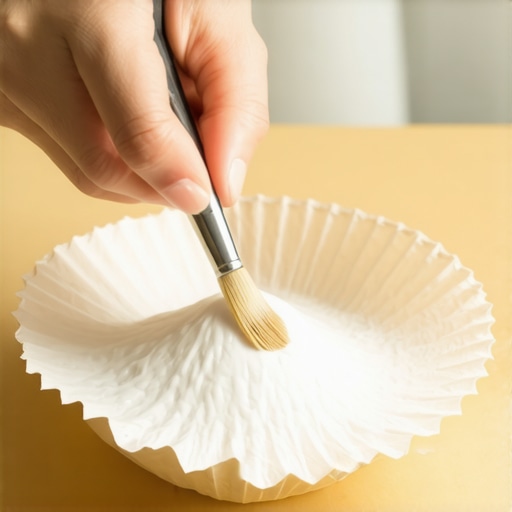 A detailed shot of a DIY speaker repair using a coffee filter and glue to fix a torn cone.