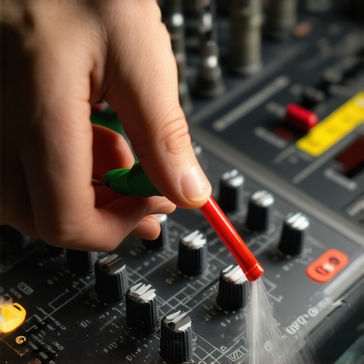 Close-up of contact cleaner being sprayed into a professional audio mixer fader for maintenance.