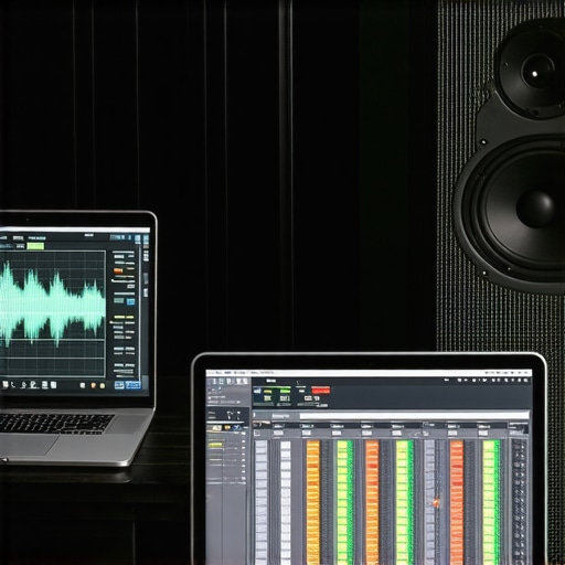A professional studio setup showing acoustic treatment and digital audio analysis gear
