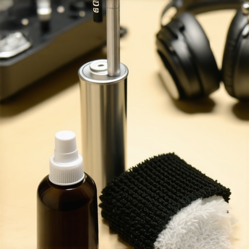An audio gear maintenance kit on a workbench with cleaning solution and precision probes.