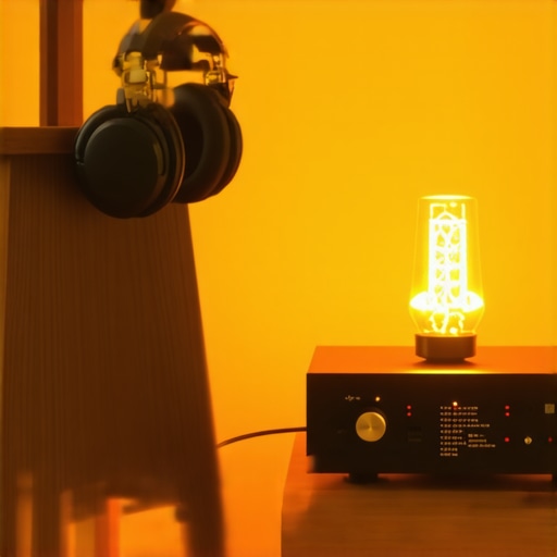 High-end headphones on a wooden stand next to a warm tube amplifier