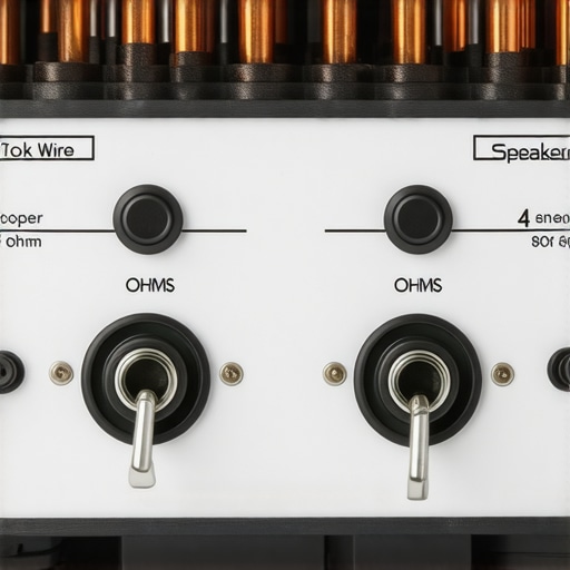 Close up of speaker wire connected to 4-ohm and 8-ohm terminals on an old audio receiver