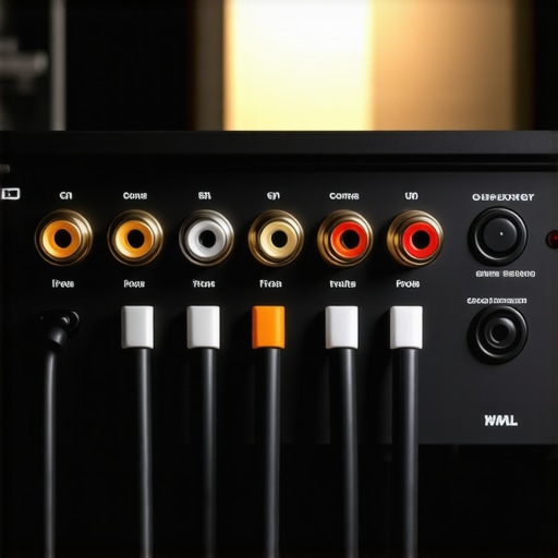 A close-up view of XLR and RCA connections on an audio amplifier for home theater.