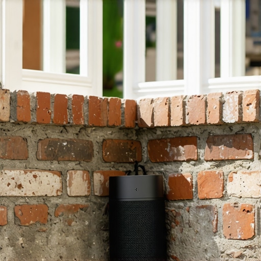 A Bluetooth speaker positioned in a brick corner to maximize sound projection.