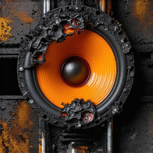 A close-up of a damaged tweeter voice coil showing the results of thermal failure and clipping.