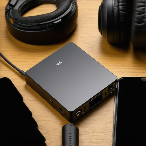 A portable audio setup featuring an external DAC and smartphone to enhance music quality.