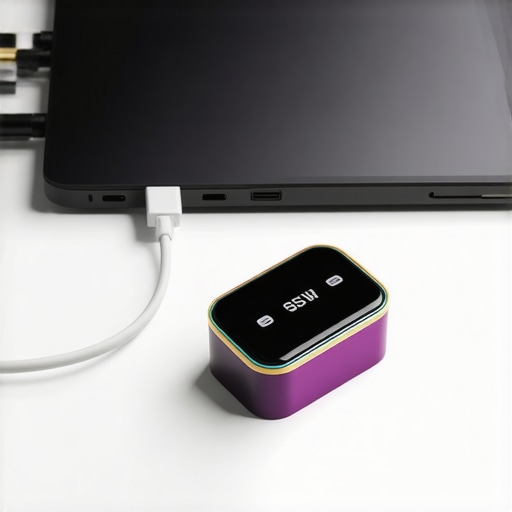 A visual comparison of a large laptop charger and a small portable speaker connected via USB-C.