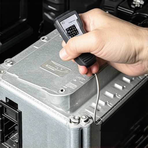 A hand holding an infrared thermometer pointed at a car amplifier to monitor summer heat levels