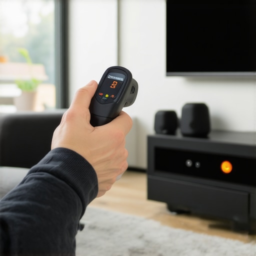 Person monitoring home theater amplifier heat levels to prevent hardware failure.
