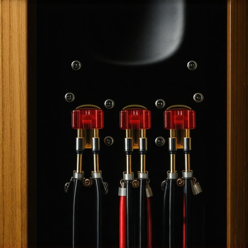 Close-up of speaker wire terminals showing correct phase alignment on a wooden speaker cabinet.