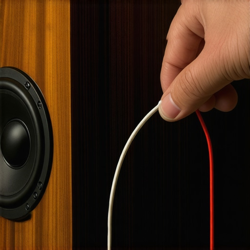 Close up of a hand testing speaker wire polarity using a 9V battery to ensure audio sync.