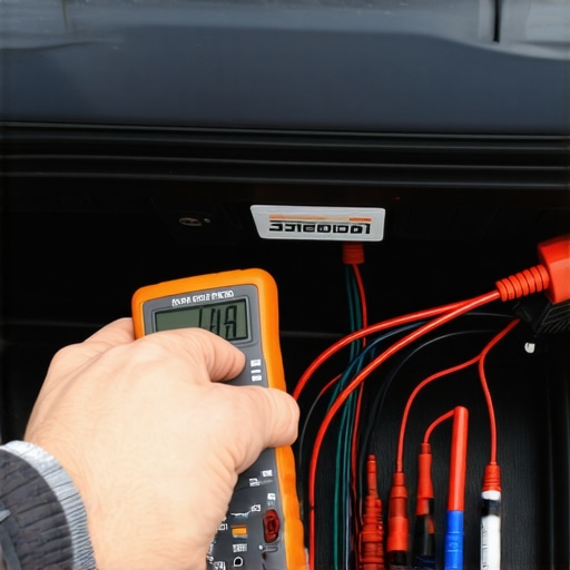 Checking car speaker impedance with a multimeter Technician using a multimeter to measure speaker wire resistance in a car audio setup.