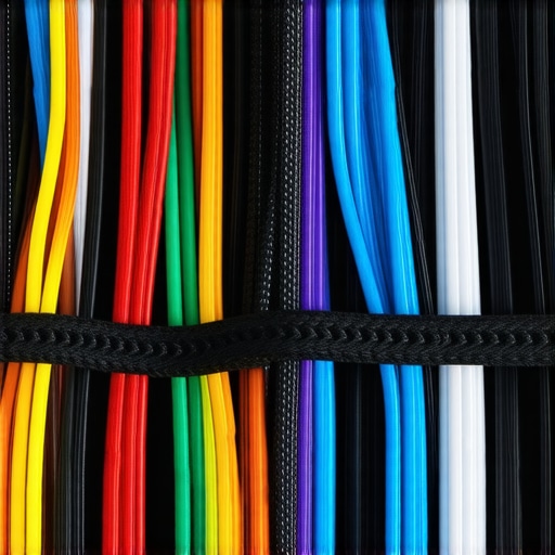 Neatly organized car amplifier wires with braided sleeving in a trunk