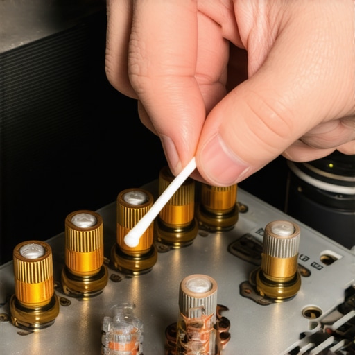 Cleaning Audio Terminals with Alcohol Close-up of a person cleaning metal speaker terminals on an amplifier with a cotton swab.