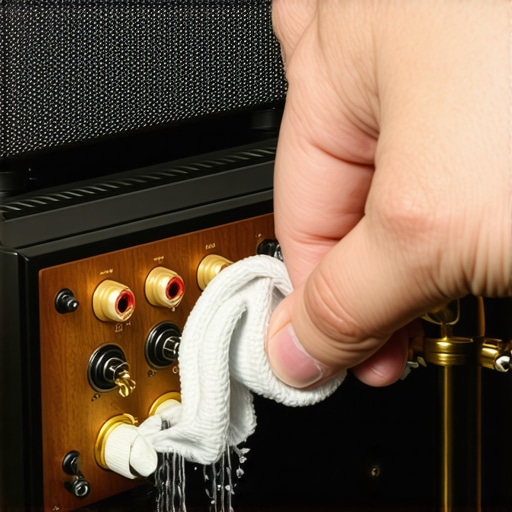 Cleaning Copper Speaker Terminals for Better Conductivity A person cleaning green oxidation from copper audio terminals with a cloth.