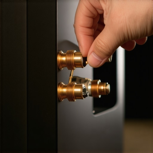 Cleaning Copper Speaker Terminals for Better Signal A hand using a contact cleaner on the copper terminals of a home audio amplifier to remove oxidation.