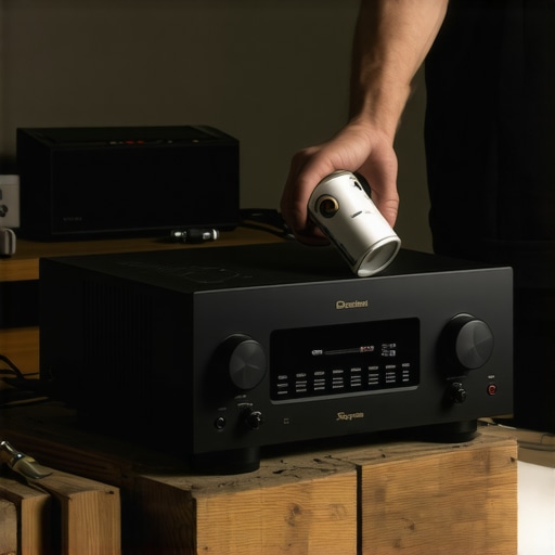 An audio enthusiast cleaning dust out of a home stereo amplifier with compressed air to prevent overheating