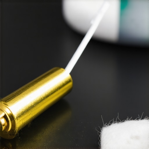 A macro photo of an RCA cable being cleaned with a cotton swab and contact cleaner.
