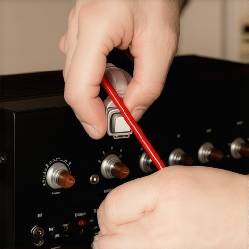 Cleaning Speaker Terminals for Better Connection A person using contact cleaner on the back of a home audio receiver to remove oxidation from copper terminals.
