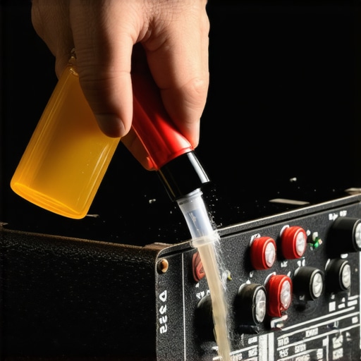 Cleaning Vintage Amplifier Internals A technician using contact cleaner on the volume potentiometers of a vintage stereo receiver.
