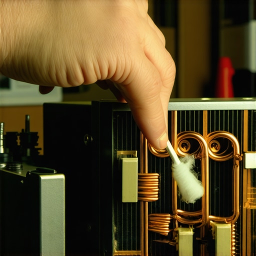 Close up of a technician cleaning the internal circuitry and connectors of a vintage receiver.