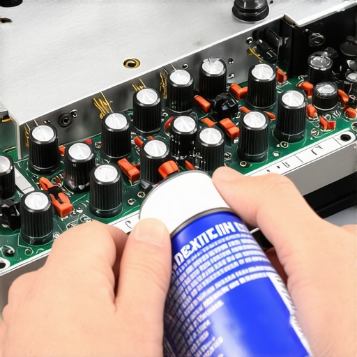 A close up of a person cleaning a vintage stereo receiver with electronic contact cleaner