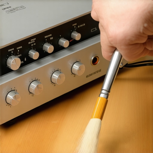 Close up of maintaining a vintage amplifier with contact cleaner and a brush