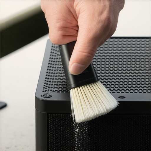 Close-up of cleaning dust off an outdoor speaker with a soft brush