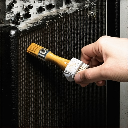 Cleaning a Vintage Amplifier with Contact Cleaner Hands using electrical contact cleaner on a high-end audio amplifier knob for maintenance.