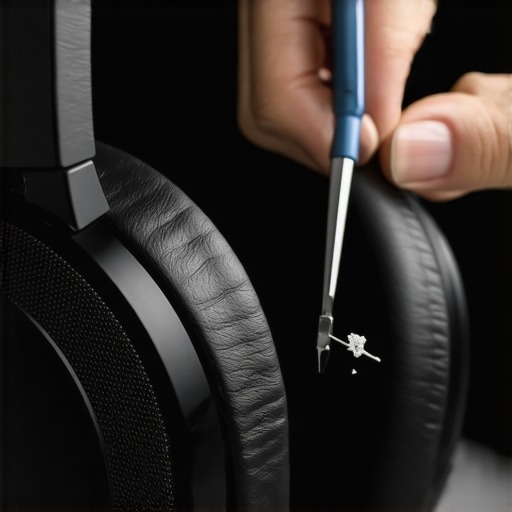Close up of person using tweezers to remove hair from a headphone driver to fix buzzing