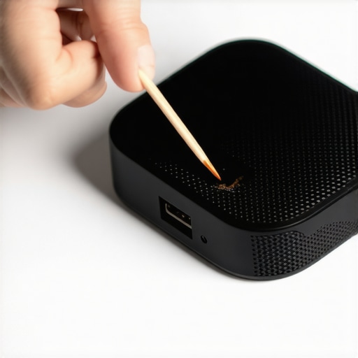 Cleaning a portable speaker charging port Close up of cleaning debris out of a speaker USB port with a toothpick