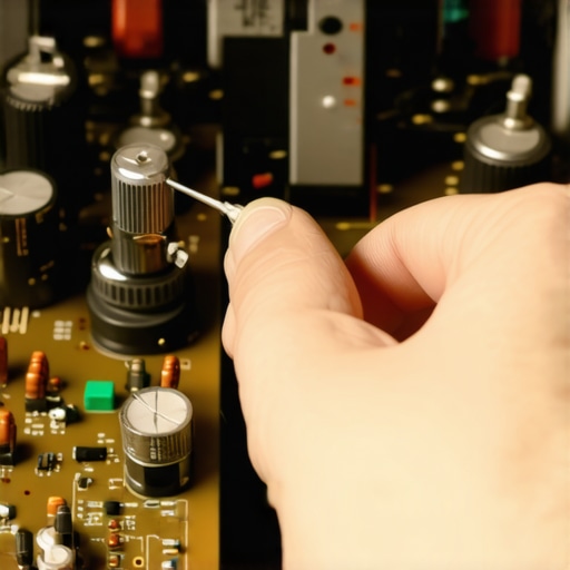 A technician spraying contact cleaner into a vintage audio potentiometer to fix channel imbalance.
