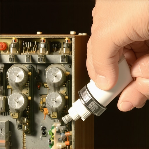 Cleaning a vintage amplifier potentiometer Close up of person spraying contact cleaner into a vintage Pioneer receiver for maintenance