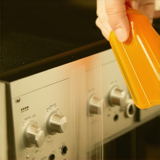 A person cleaning the internal components and knobs of a vintage stereo receiver to fix scratchy audio.