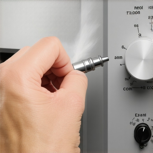 A person using electrical contact cleaner on a vintage amplifier volume knob to remove static and noise.