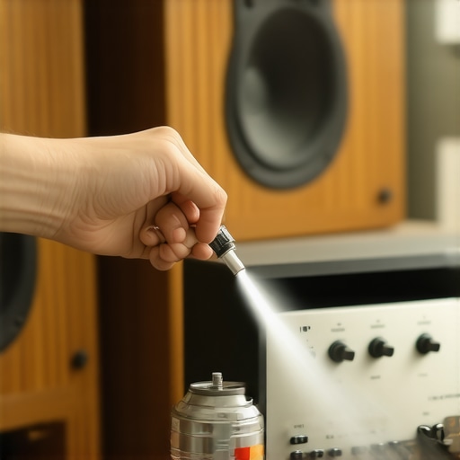 Cleaning an optical audio port on a stereo amplifier A hand using compressed air to clean an optical port on a modern stereo amplifier connected to vintage speakers.