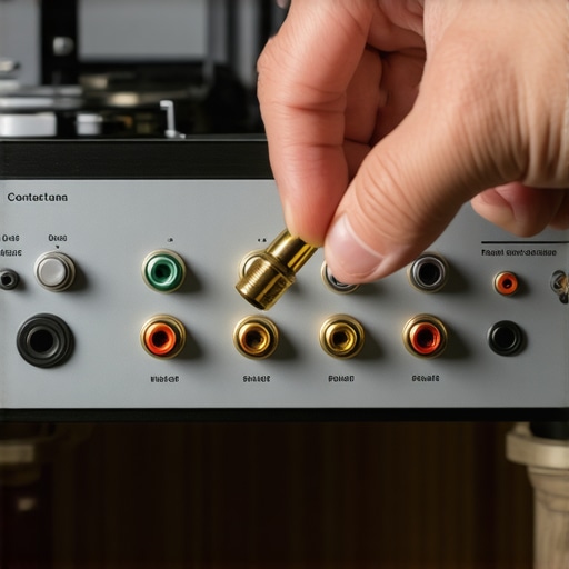A person maintaining a vintage audio receiver by cleaning the input terminals with electronic spray.